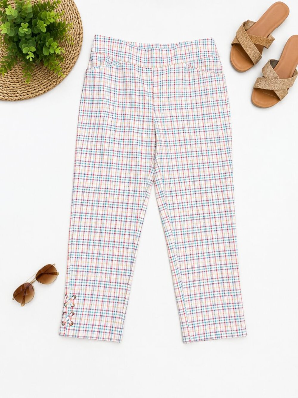 Chico's Size 10 Plaid Cropped Pants Multicolor Lace Up Hem Casual Capri